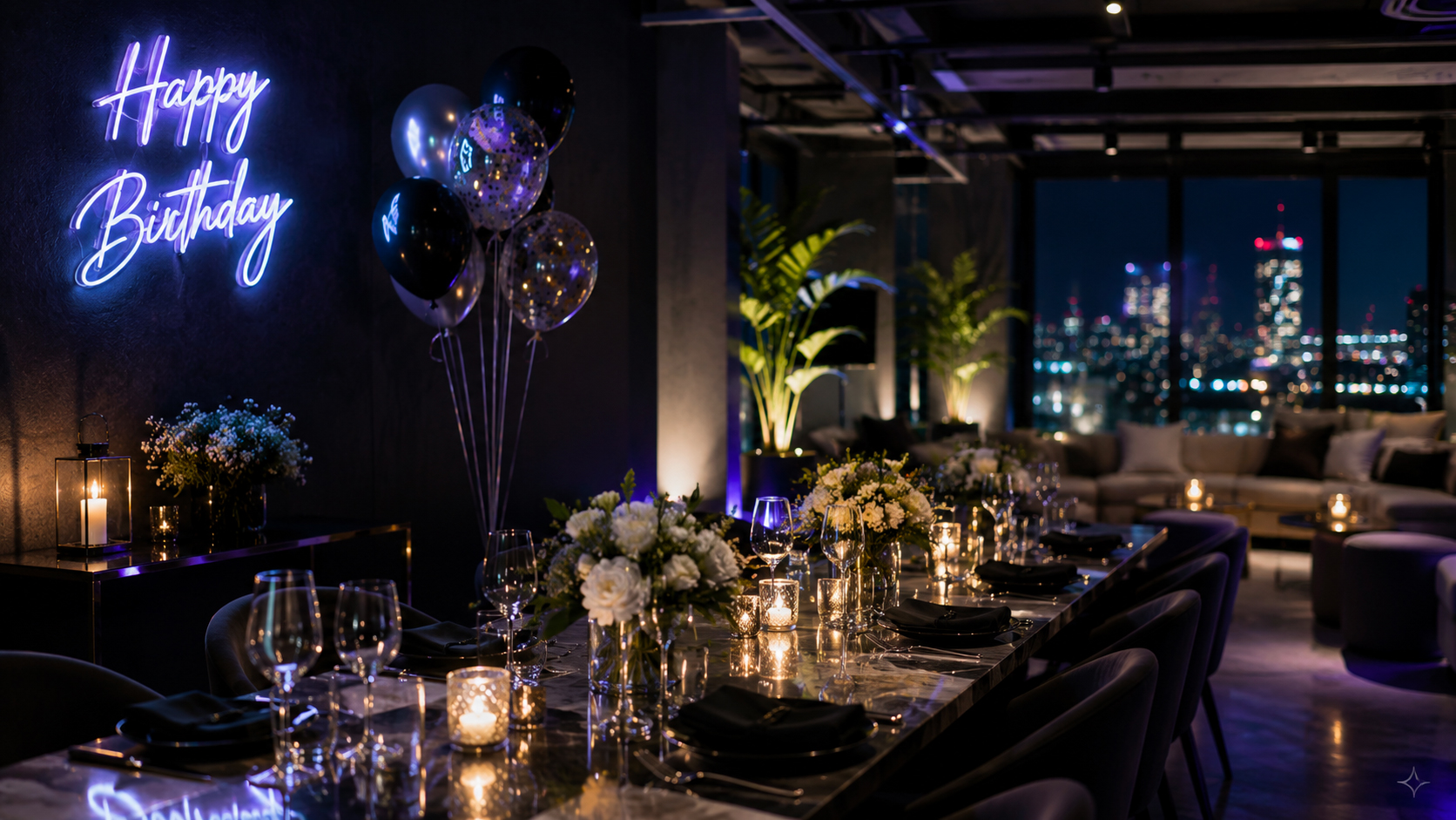 Allestimento elegante per festa di compleanno a Milano con tavolo decorato, luci soffuse e atmosfera serale moderna