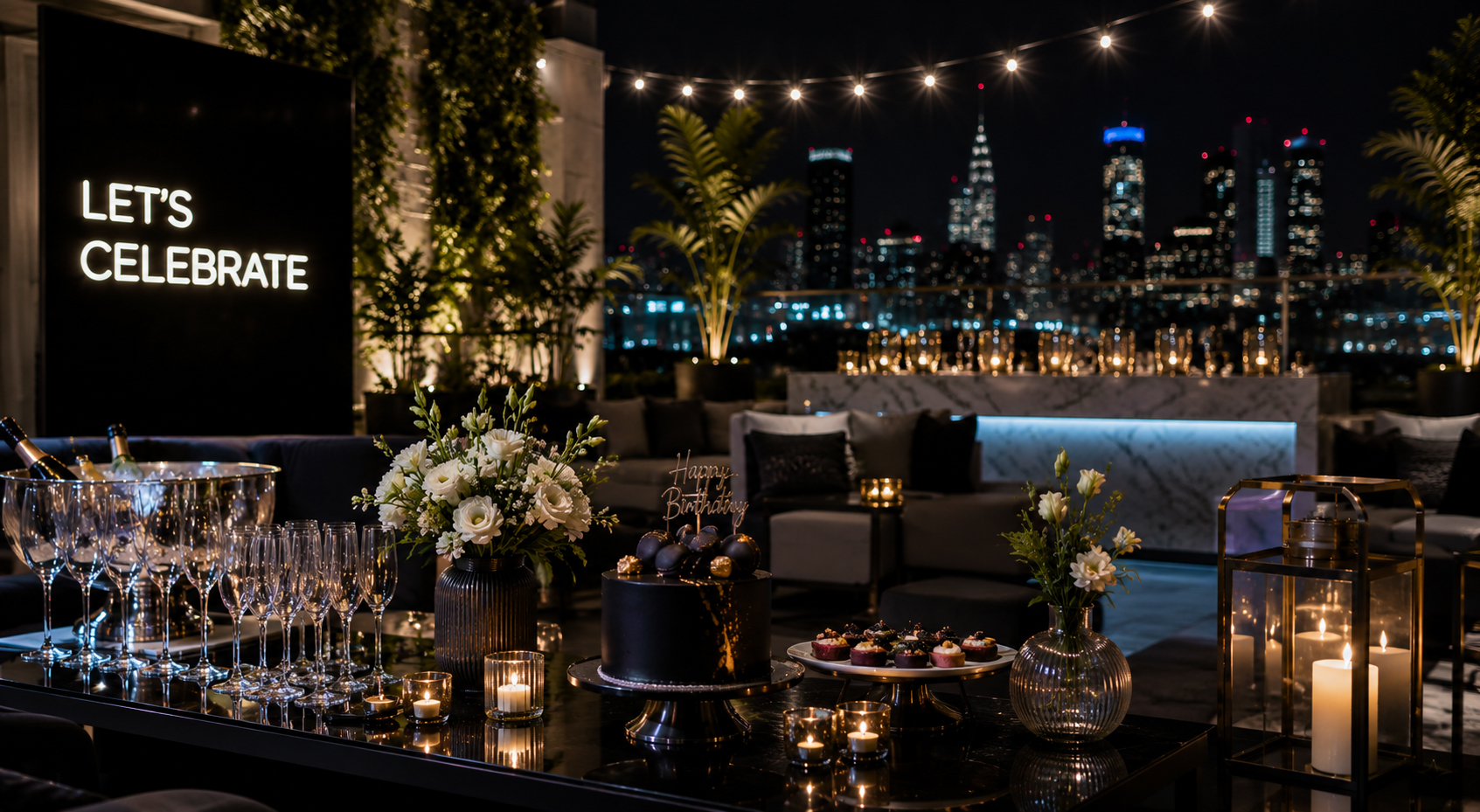 Location rooftop per festa di compleanno a Milano con allestimento elegante, torta e atmosfera serale esclusiva