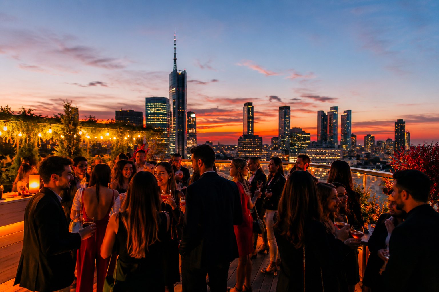 Festa di laurea in rooftop a Milano con vista skyline e gruppo di amici durante un evento privato