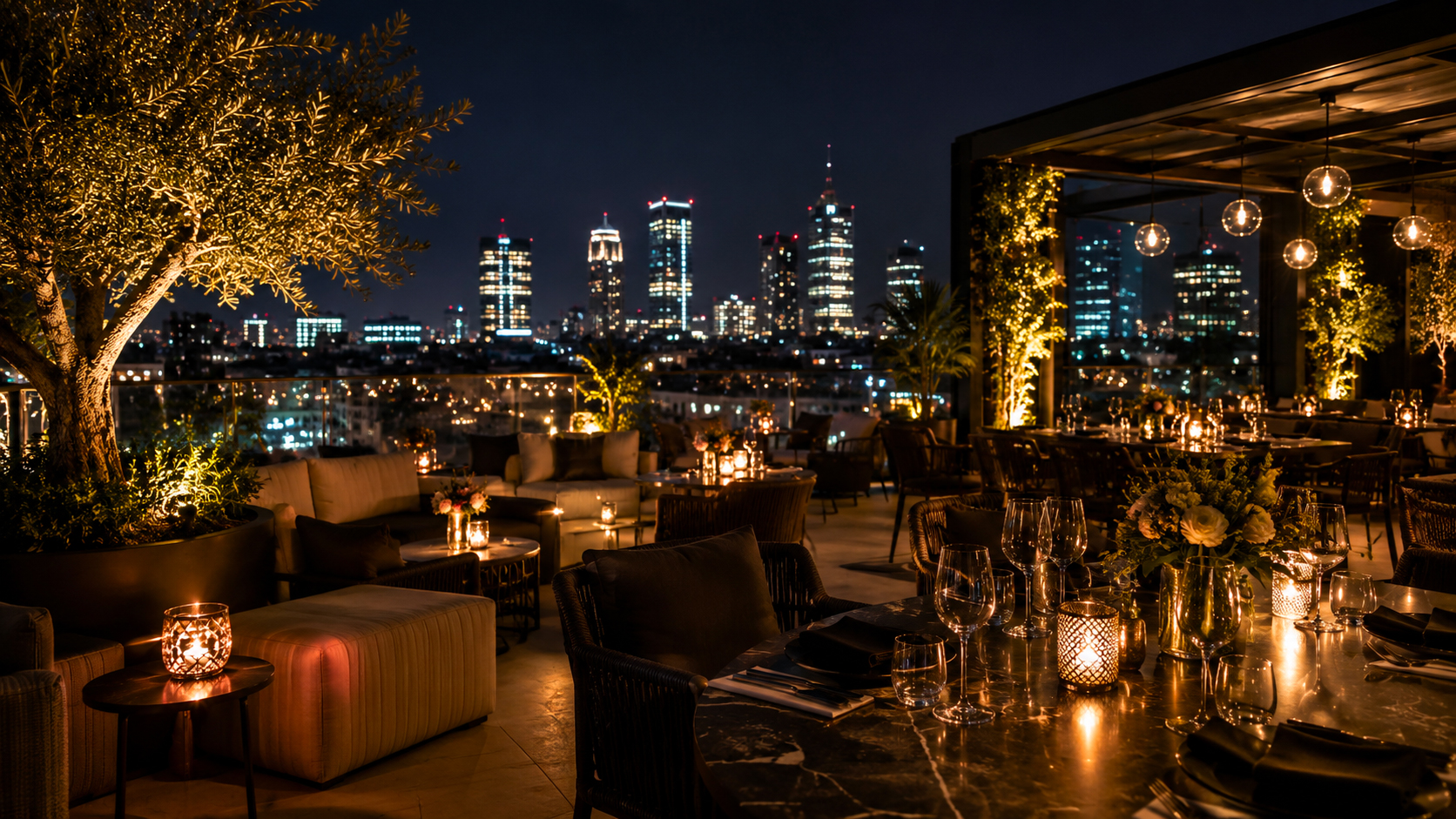 Location esclusiva per feste private a Milano con rooftop panoramico, tavoli eleganti e atmosfera serale