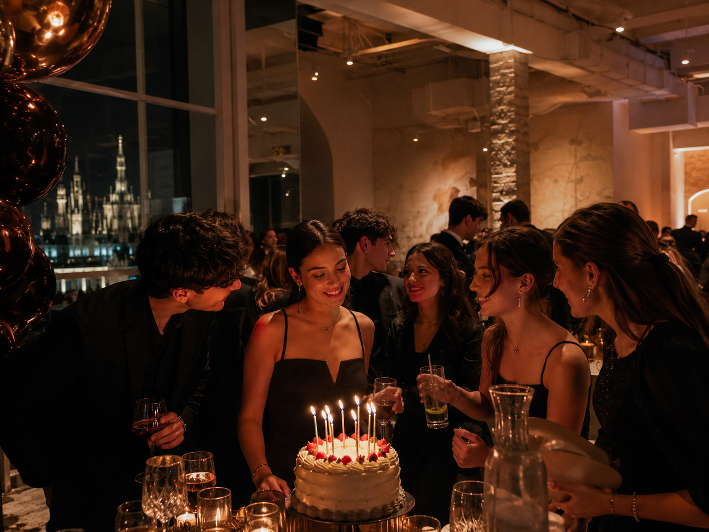 Festa di diciottesimo a Milano in location elegante con amici, torta e atmosfera serale raffinata.