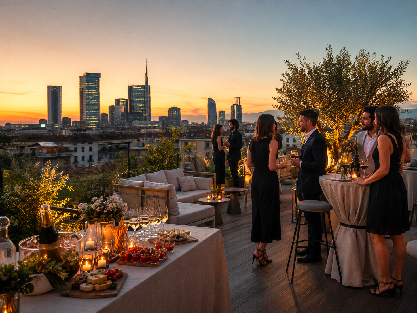 Festa privata su un rooftop a Milano al tramonto con ospiti, aperitivo e vista sullo skyline