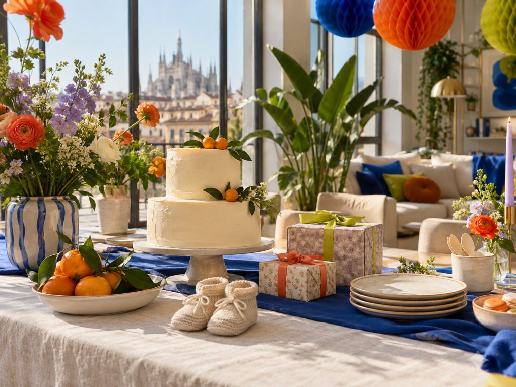 Tavolo per un baby shower con torta, fiori e decorazioni blu cobalto e arancioni